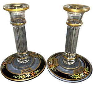 Vintage Art Deco Black/Gold Hand Painted Flower Westmoreland Candlestick Holders